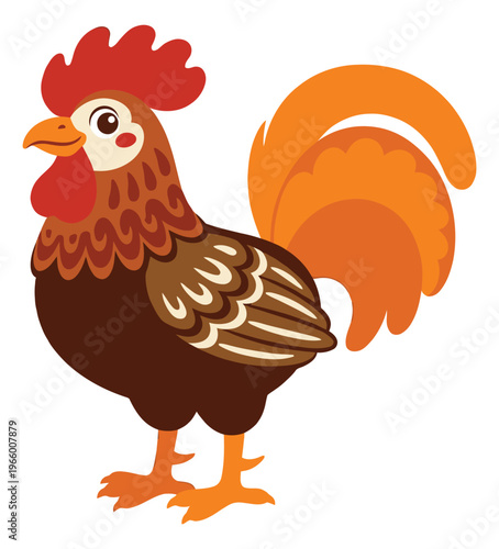 Cartoon illustration of a rooster depicting a proud farm bird with colorful plumage for agriculture and animal design