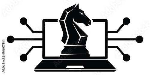 Flat silhouette illustration of a chess knight emerging from a laptop depicting a trojan horse cyber threat for technology and security design