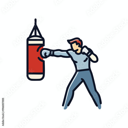 Boxer training with punching bag, boxing workout exercise, punching power, sports fitness icon
