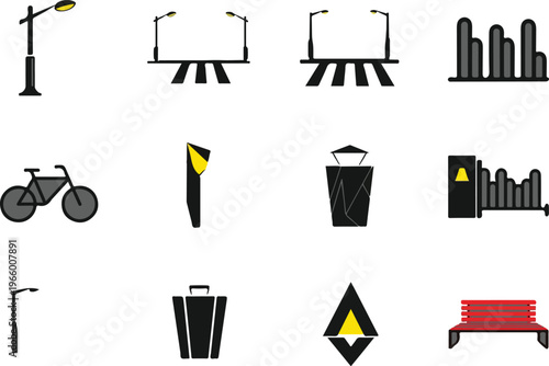 A collection of urban landscape and street infrastructure elements as minimalist icons.