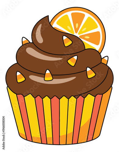 Cartoon illustration of a chocolate frosted cupcake depicting Halloween candy corn and orange slice toppings for seasonal baking design