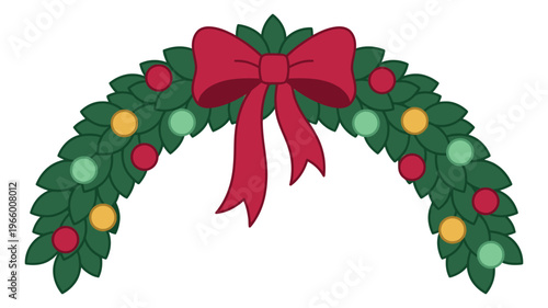 Cartoon illustration of a Christmas garland arch depicting festive pine swag with red bow and ornaments for holiday design