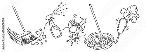 Outline icon set of 5 cleaning tools featuring broom, spray bottle, sponge, mop and duster for household design