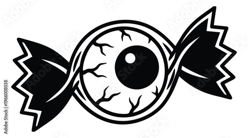 Cartoon illustration of a spooky eyeball candy depicting a creepy wrapped sweet with bloodshot veins for Halloween design