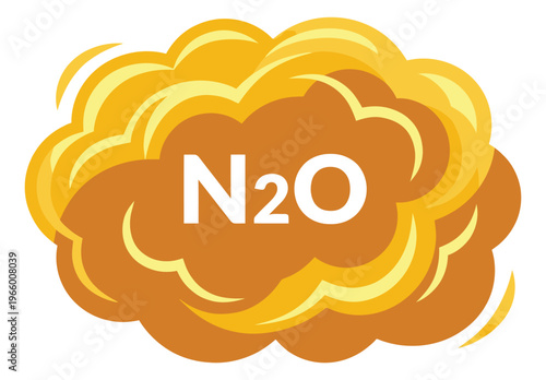 Cartoon illustration of N2O nitrous oxide gas cloud depicting chemical compound symbol for science and education design
