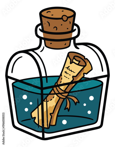 Cartoon illustration of message in a bottle depicting rolled parchment scroll in teal liquid for nautical and adventure design