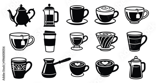 Silhouette icon set of 15 hot beverages featuring coffee cups, tea mugs, french press and kettle for cafe design