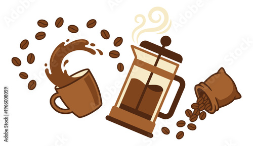 Cartoon illustration set of coffee elements featuring french press, splashing mug and bean sack for cafe and beverage design