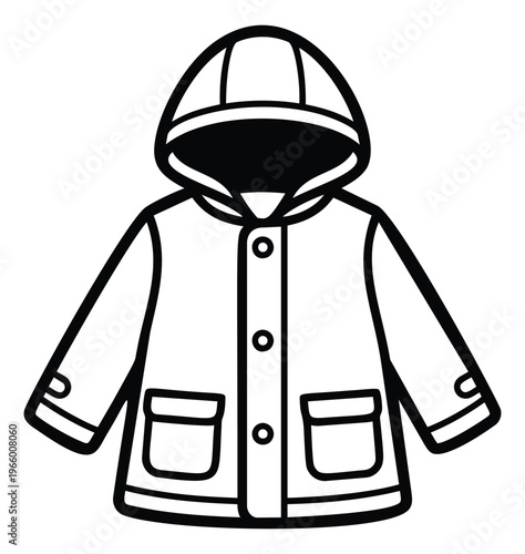 Outline illustration of a hooded raincoat depicting a buttoned jacket with front pockets for fashion and weather apparel design