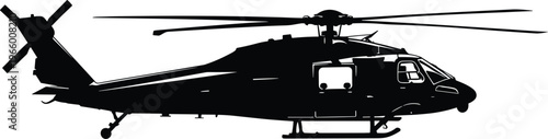 Black helicopter silhouette icon, aviation aircraft vector, military chopper design, transport helicopter shape, rotor blades, cockpit windows, landing skids, flight illustration