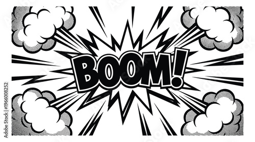 Comic cartoon illustration of boom explosion effect depicting retro pop art sound burst for comics and graphic design