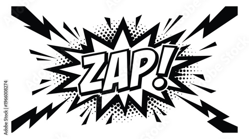 Comic cartoon illustration of ZAP explosion burst depicting bold sound effect text for superhero and pop art design