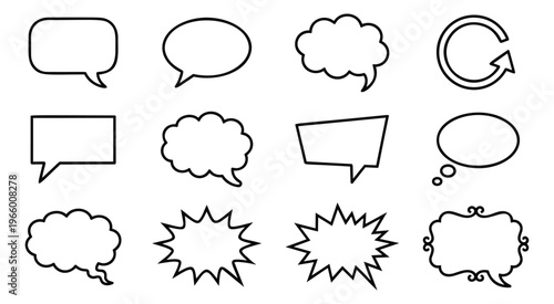 Outline icon set of 12 speech bubbles featuring chat, thought cloud and comic burst shapes for communication design