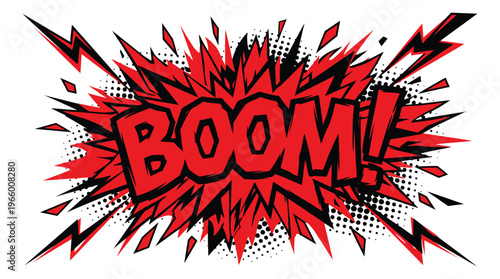 Cartoon illustration of boom explosion text depicting comic sound effect burst for action and entertainment design