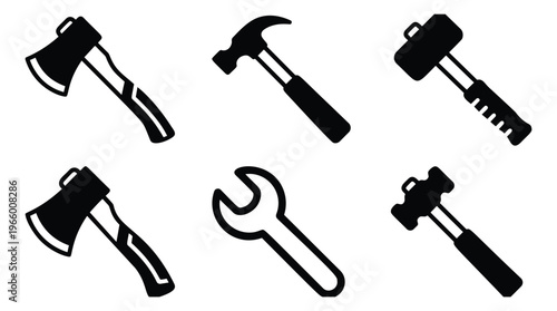 Silhouette icon set of 6 hand tools featuring axe, hammer, wrench and mallet for construction and repair design