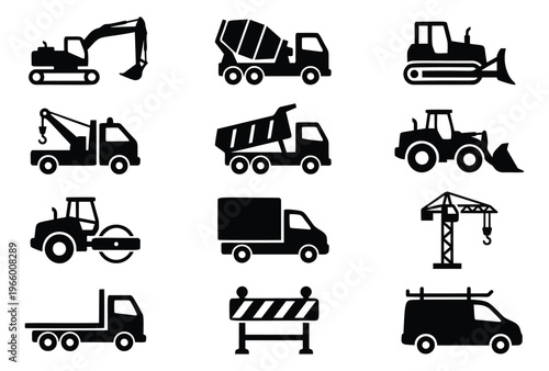 Silhouette icon set of 12 construction vehicles featuring excavator, bulldozer, crane and dump truck for industrial design