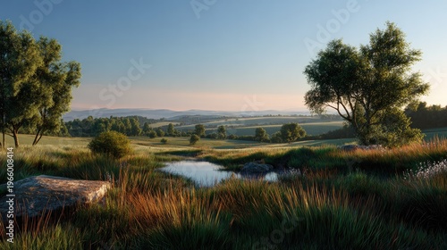 Tranquil Summer Landscape: A captivating expanse of rolling hills and verdant meadows under a clear, azure sky, creating a sense of peace and tranquility.