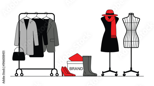 A minimalist illustration depicts clothing on a rack a mannequin and fashion accessories high quality professional