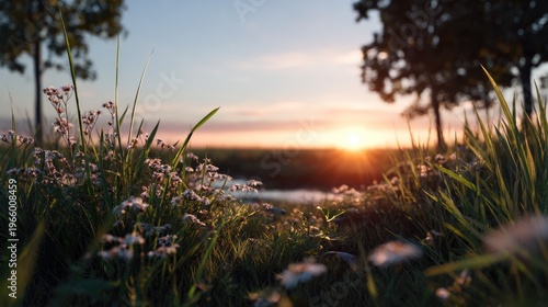 Golden Hour Meadow: A serene panorama of a meadow bathed in the warm, ethereal light of a golden sunset, creating a tranquil and picturesque landscape.