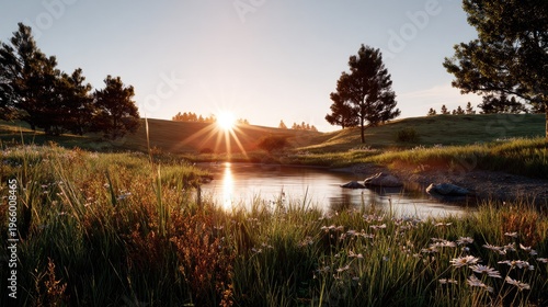 Sunrise Over Serene Lake: A breathtaking sunrise paints the sky with warm hues, casting its golden glow over a tranquil lake, surrounded by lush greenery and wildflowers.