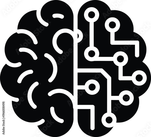 A stylized black human brain outline with intricate circuit pathways replacing its right hemisphere on white