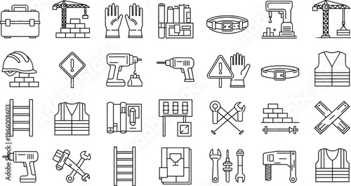 Construction Site and Safety Equipment Icon Set Featuring Tools, Gear, and Protective Equipment