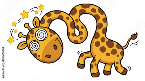 Cartoon illustration of a dizzy giraffe depicting a spinning head with stars for children and humor design