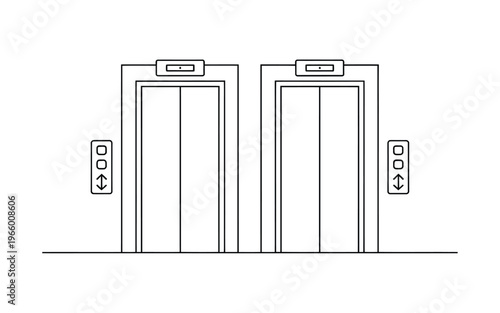 A minimalist line drawing depicts two adjacent elevator doors with call buttons beside each high quality