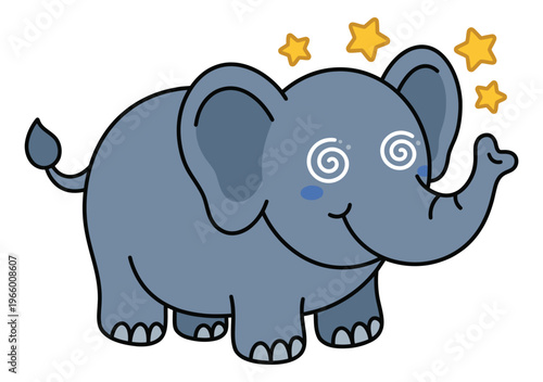 Cartoon illustration of a dizzy elephant depicting swirly eyes and stars for children and educational design