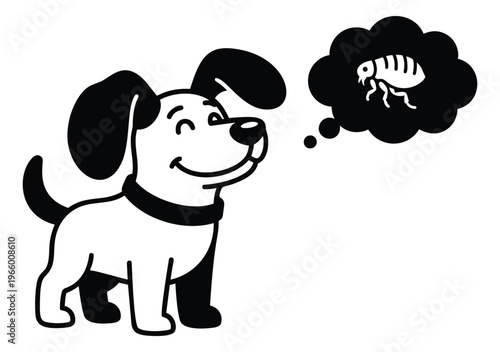 Cartoon illustration of a happy dog depicting thinking about a flea in a thought bubble for pet care design