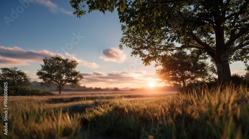 Golden Sunrise over Lush Field: Witness the dawn as golden sunrays cascade over a vibrant field of golden grain and trees, casting long shadows and painting the sky with warm hues.
