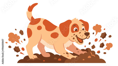 Cartoon illustration of a spotted puppy depicting playful digging in dirt for pet and animal design