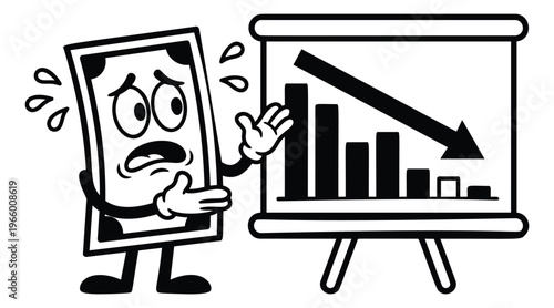Cartoon illustration of a distressed dollar bill character depicting financial decline with a falling bar chart for business and finance design