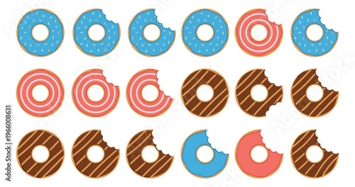 Flat icon set of 18 donuts featuring whole and bitten glazed pastries in blue pink and chocolate for bakery design