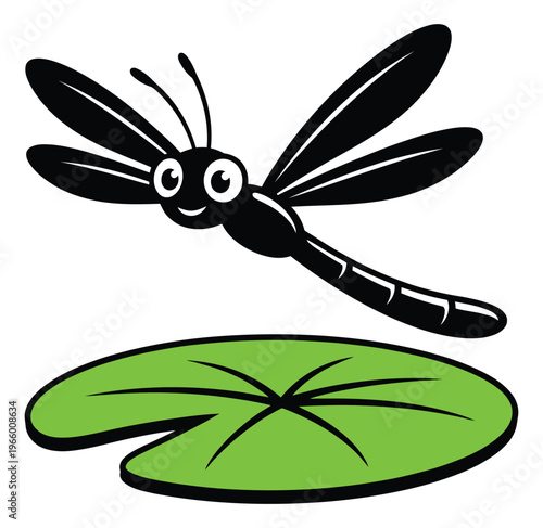 Cartoon illustration of a cute dragonfly depicting a smiling insect hovering over a lily pad for nature and children design