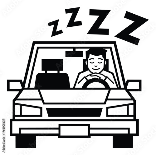 Outline illustration of drowsy driver depicting person sleeping at the wheel for road safety design