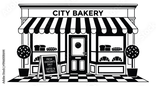 Flat illustration of a city bakery storefront depicting a charming shop facade with striped awning and signage for retail and food business design