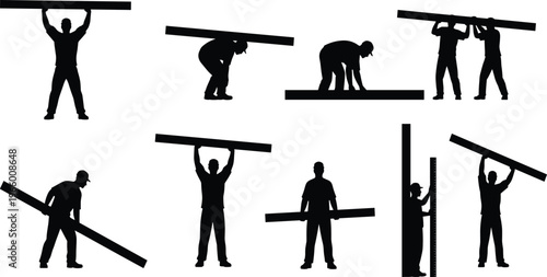 Foto Set of construction worker silhouettes carrying wooden planks, various poses, b