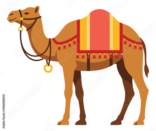 Flat illustration of a decorated Arabian camel depicting traditional saddle and harness for travel and culture design