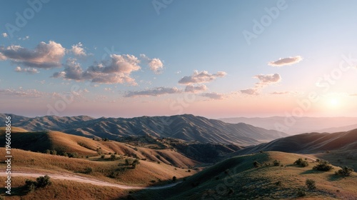 Rolling Hills at Sunset: Breathtaking landscape captures the serene beauty of rolling hills under a vibrant sunset sky, creating a sense of peace and tranquility.