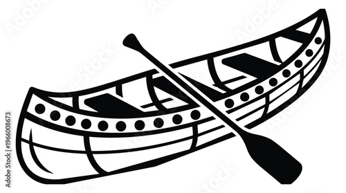 Bold cartoon illustration of a traditional canoe depicting a birchbark vessel with crossed paddle for outdoor and camping design