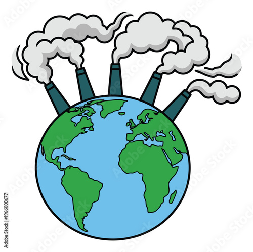 Cartoon illustration of planet Earth with factory smokestacks depicting global industrial pollution for environmental design