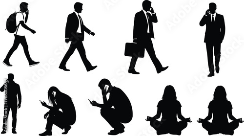 Silhouette people using phones, walking standing crouching poses, briefcase backpack figures, meditation posture, mindfulness contrast, modern communication technology illustration