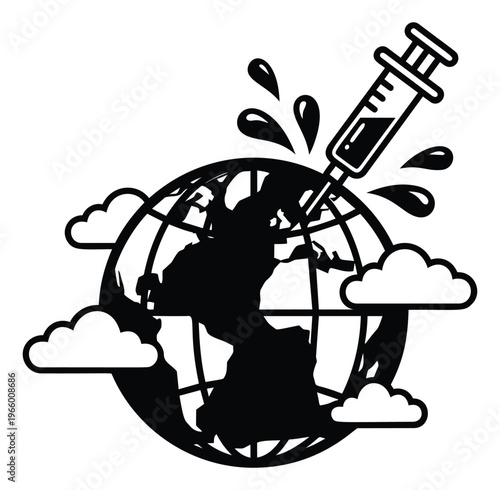 Silhouette illustration of a syringe injecting globe depicting global vaccination concept for medical and healthcare design