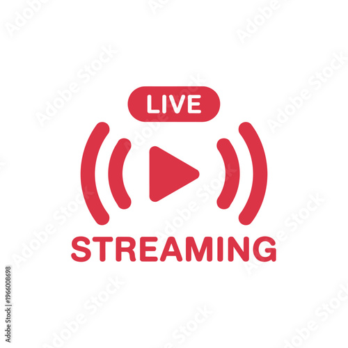 A vibrant red live streaming icon features a play button surrounded by radiating waves high quality