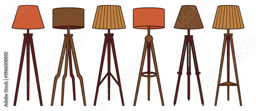 Cartoon icon set of 6 floor lamps featuring tripod stands and colorful shades for interior design