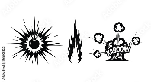 A striking black and white illustration depicting explosions and a bomb presented in a bold silhouette high quality professional detailed modern