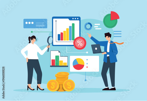  Economic impact analysis, assessing effects of economy changes, macroeconomic, forecasting concept vector illustration, business analyst analyzing indicators