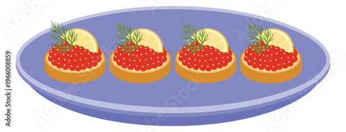 Flat illustration of red caviar tartlets on a plate depicting elegant appetizers with lemon and dill for food and restaurant design