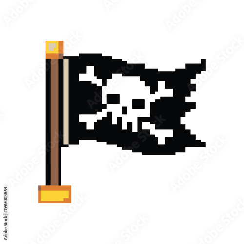 A pixelated depiction of the jolly roger a classic pirate flag with skull and crossbones